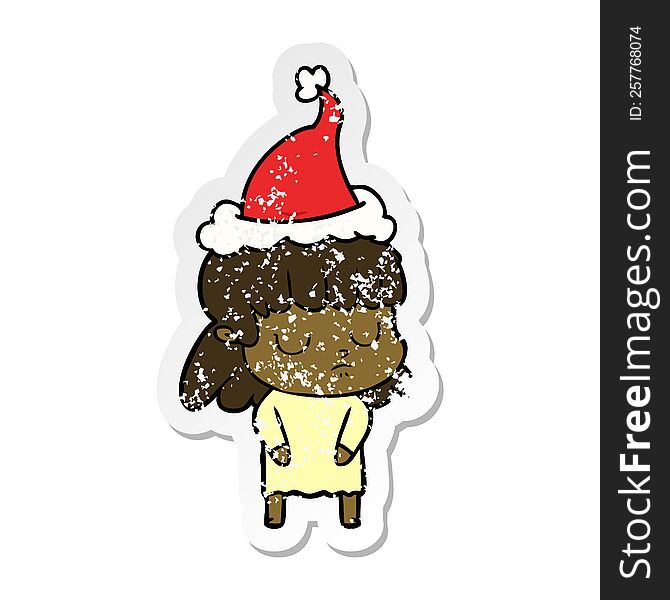 hand drawn distressed sticker cartoon of a indifferent woman wearing santa hat