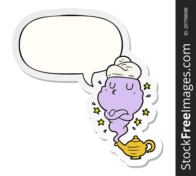 cute cartoon genie rising out of lamp with speech bubble sticker