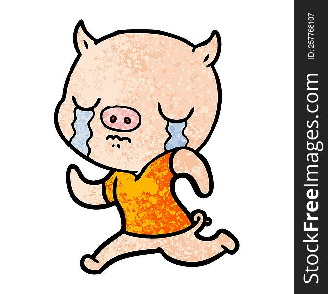 cartoon pig crying running away. cartoon pig crying running away