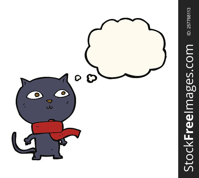 cartoon black cat wearing scarf with thought bubble