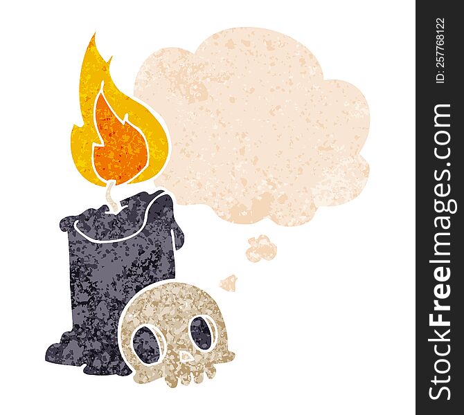 Cartoon Skull And Candle And Thought Bubble In Retro Textured Style