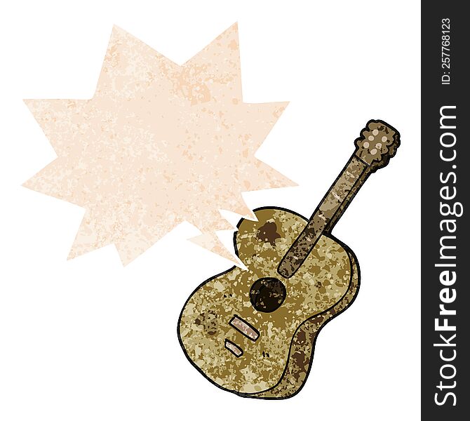 cartoon guitar with speech bubble in grunge distressed retro textured style. cartoon guitar with speech bubble in grunge distressed retro textured style
