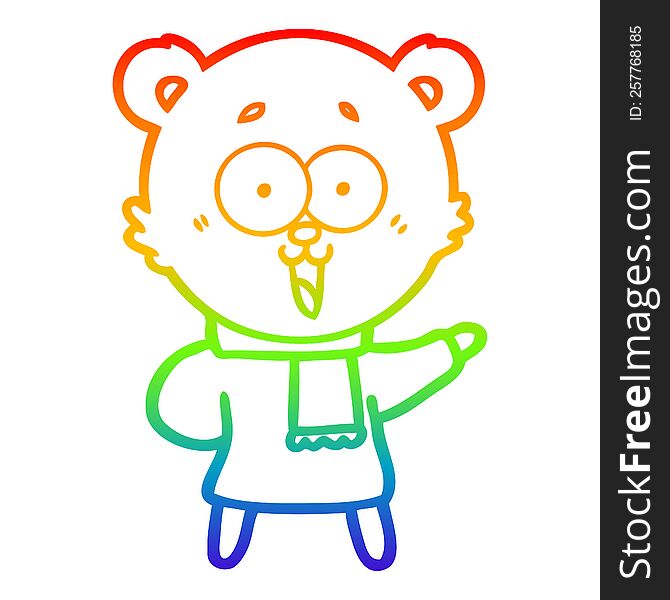 rainbow gradient line drawing of a laughing teddy  bear cartoon in winter clothes