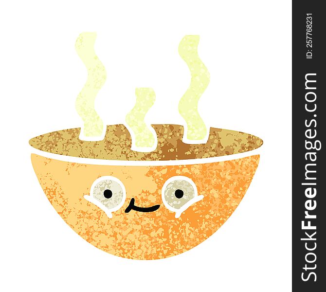 retro illustration style cartoon of a bowl of hot soup