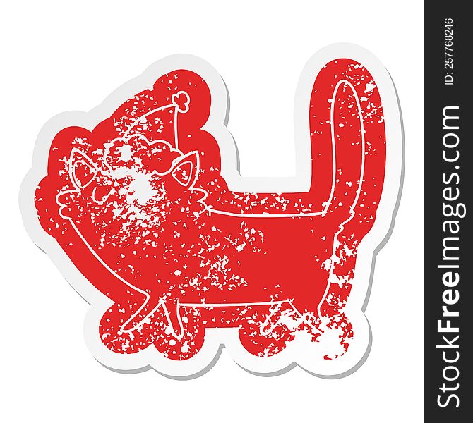 Cartoon Distressed Sticker Of A Black Cat Wearing Santa Hat