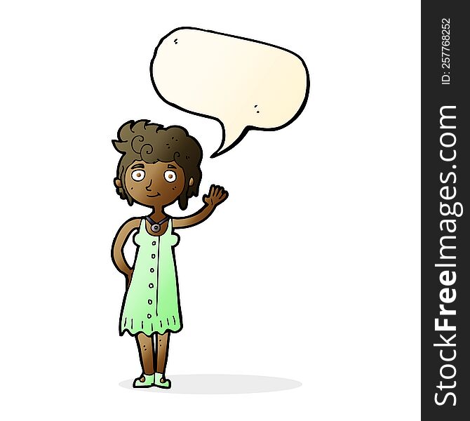 Cartoon Hippie Woman Waving With Speech Bubble