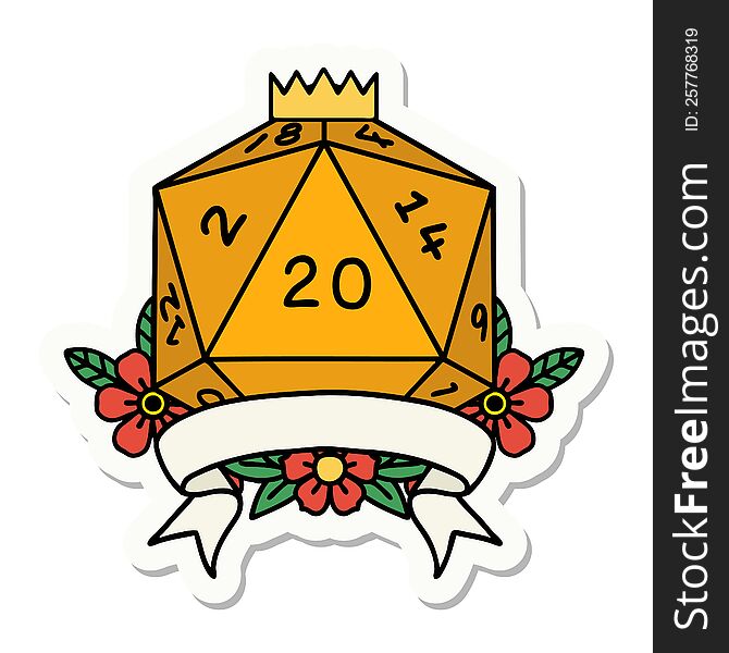 sticker of a natural 20 critical hit D20 dice roll. sticker of a natural 20 critical hit D20 dice roll
