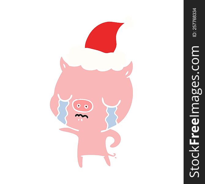 hand drawn flat color illustration of a pig crying wearing santa hat