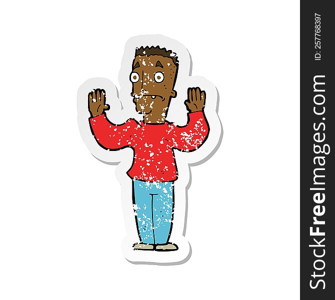 Retro Distressed Sticker Of A Cartoon Man Surrendering