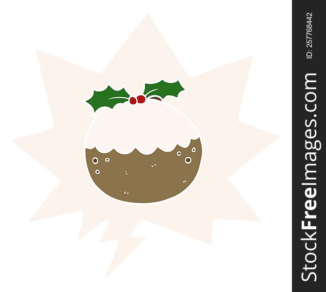 cartoon christmas pudding with speech bubble in retro style