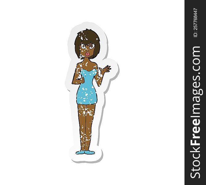 retro distressed sticker of a cartoon confused woman in cocktail dress