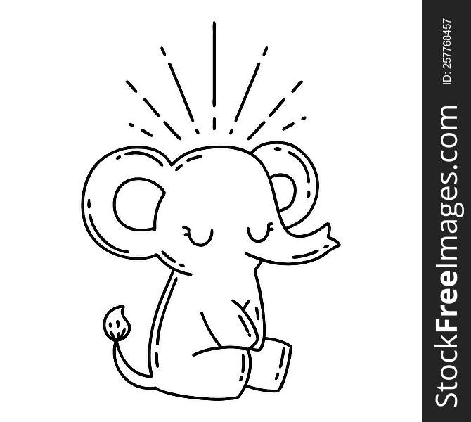 illustration of a traditional black line work tattoo style cute elephant