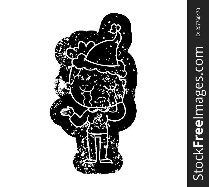 quirky cartoon distressed icon of a crying woman wearing santa hat
