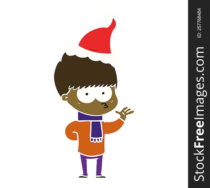 nervous hand drawn flat color illustration of a boy wearing santa hat. nervous hand drawn flat color illustration of a boy wearing santa hat