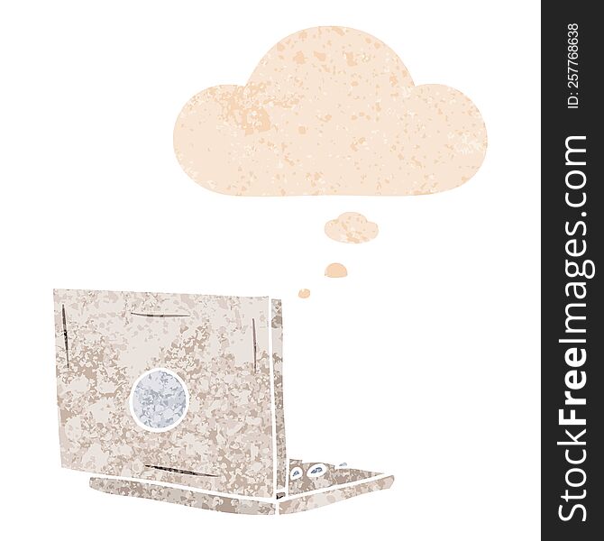 cartoon laptop computer with thought bubble in grunge distressed retro textured style. cartoon laptop computer with thought bubble in grunge distressed retro textured style