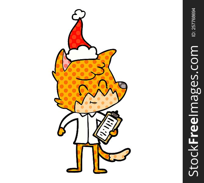 comic book style illustration of a friendly fox manager wearing santa hat