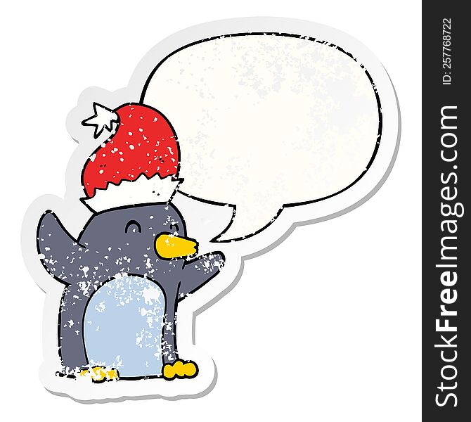 cute cartoon christmas penguin with speech bubble distressed distressed old sticker. cute cartoon christmas penguin with speech bubble distressed distressed old sticker