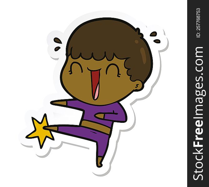 Sticker Of A Laughing Cartoon Man Karate Kicking