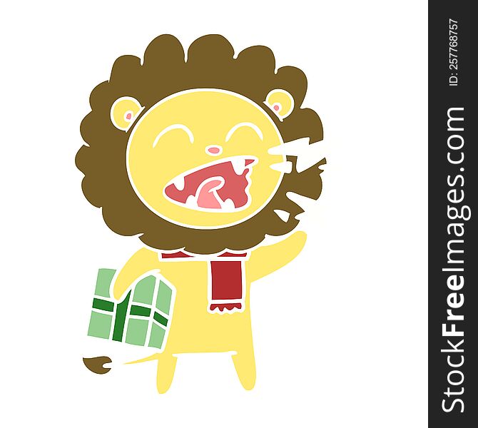 Flat Color Style Cartoon Roaring Lion With Present