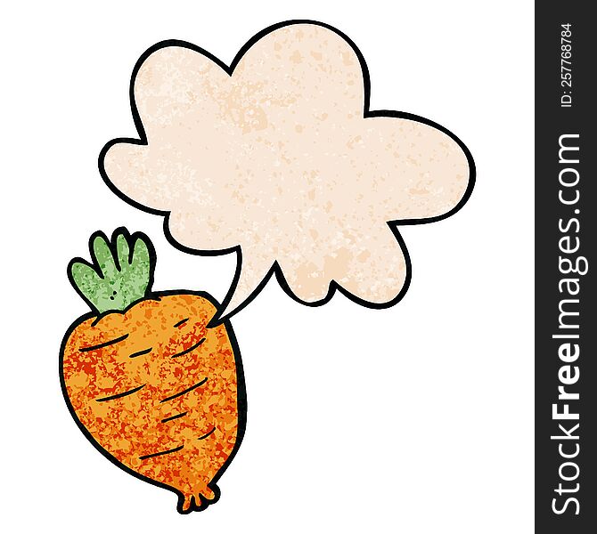 cartoon root vegetable with speech bubble in retro texture style