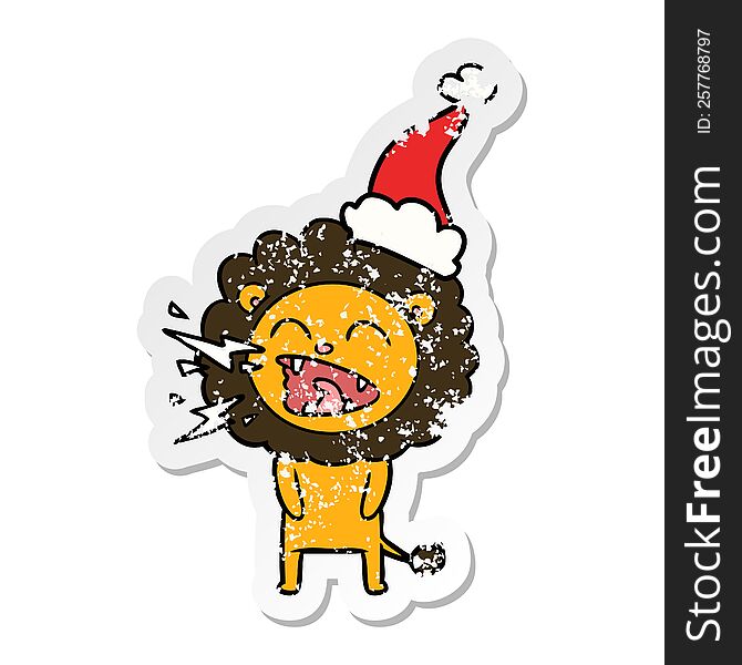 Distressed Sticker Cartoon Of A Roaring Lion Wearing Santa Hat