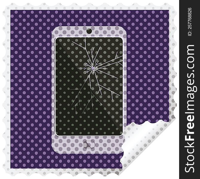 cracked screen cell phone graphic square sticker stamp. cracked screen cell phone graphic square sticker stamp