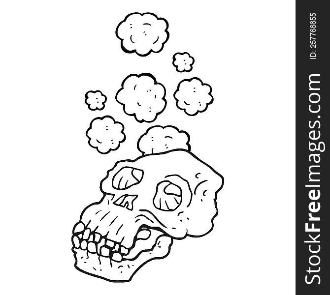 freehand drawn black and white cartoon ancient skull