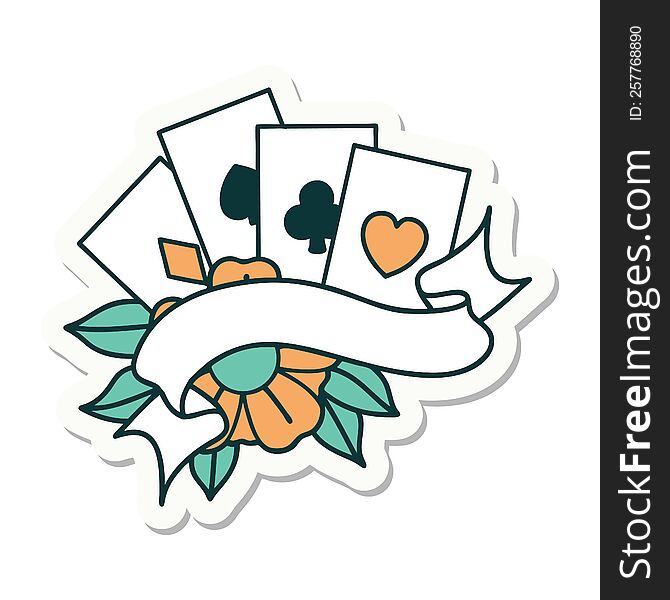 tattoo style sticker of cards and banner