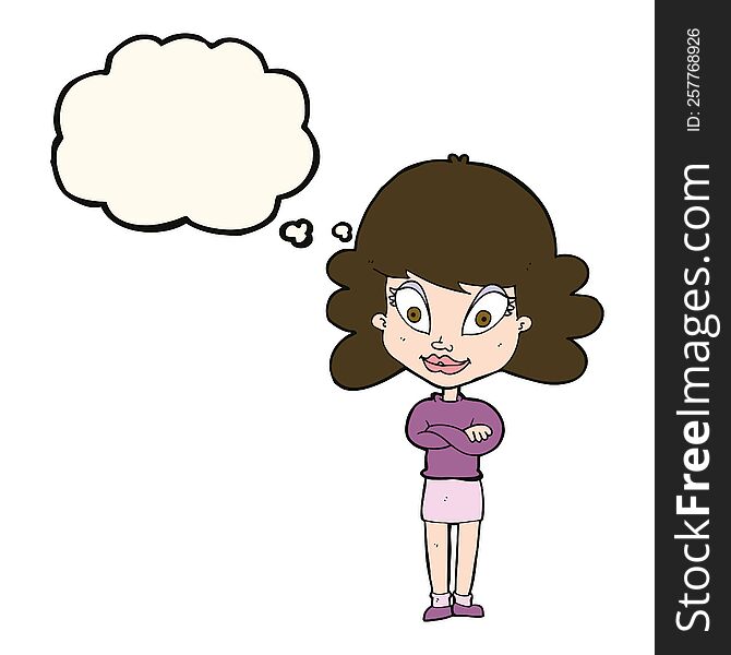 Cartoon Happy Woman With Folded Arms With Thought Bubble