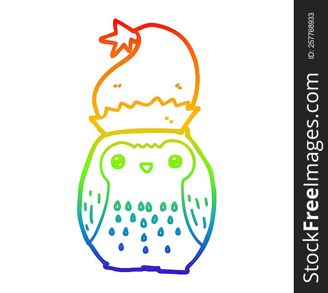 Rainbow Gradient Line Drawing Cute Cartoon Owl Wearing Christmas Hat