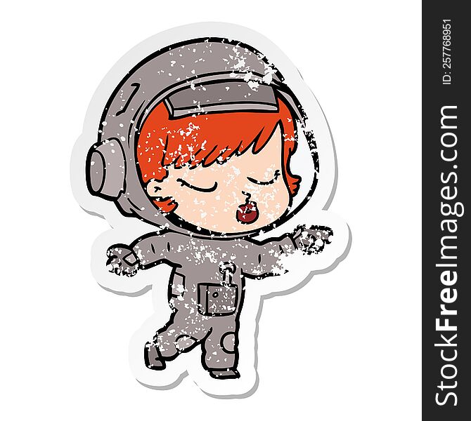 distressed sticker of a cartoon pretty astronaut girl pointing
