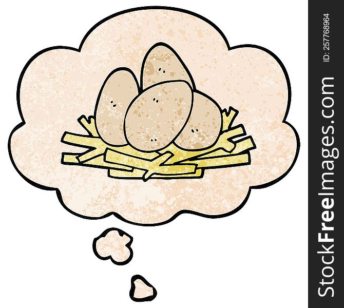 Cartoon Eggs In Nest And Thought Bubble In Grunge Texture Pattern Style