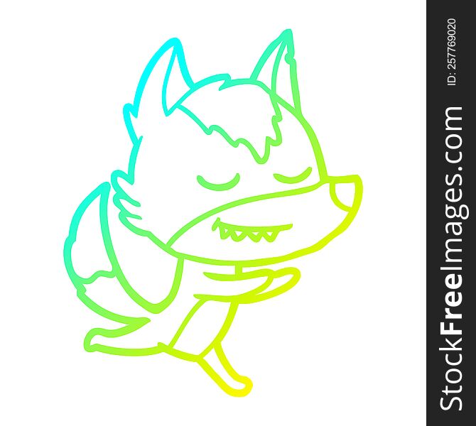 cold gradient line drawing of a friendly cartoon wolf running