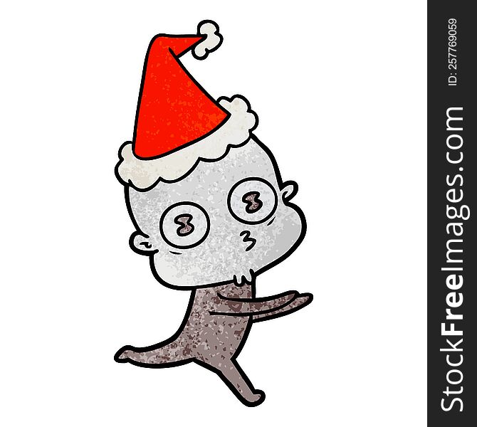 Textured Cartoon Of A Weird Bald Spaceman Running Wearing Santa Hat