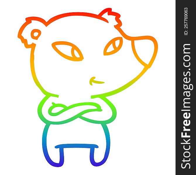 rainbow gradient line drawing of a cute cartoon bear with crossed arms