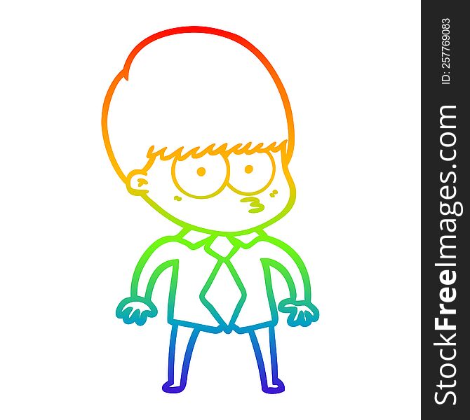 rainbow gradient line drawing of a nervous cartoon boy wearing shirt and tie