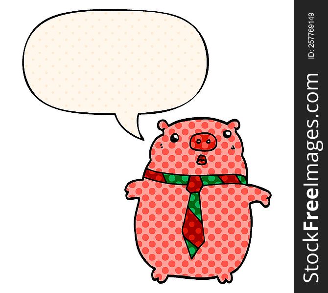 Cartoon Pig Wearing Office Tie And Speech Bubble In Comic Book Style