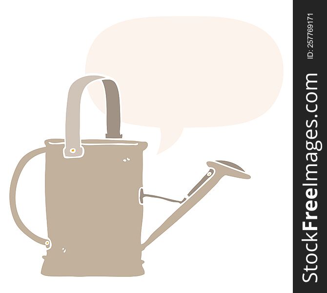 cartoon watering can with speech bubble in retro style