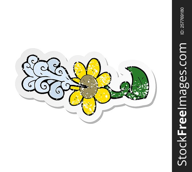 retro distressed sticker of a cartoon flower squirting water