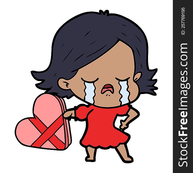 cartoon girl crying over valentines day present. cartoon girl crying over valentines day present