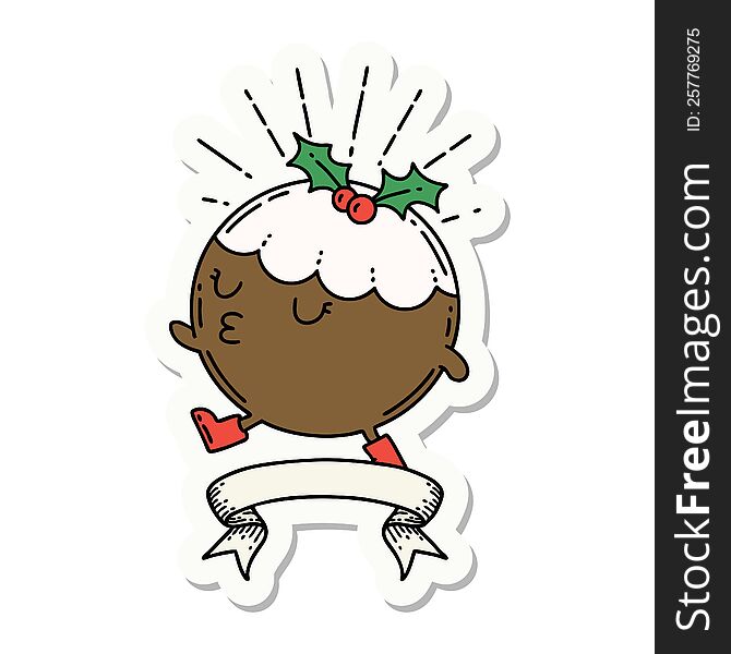 sticker of a tattoo style christmas pudding character walking