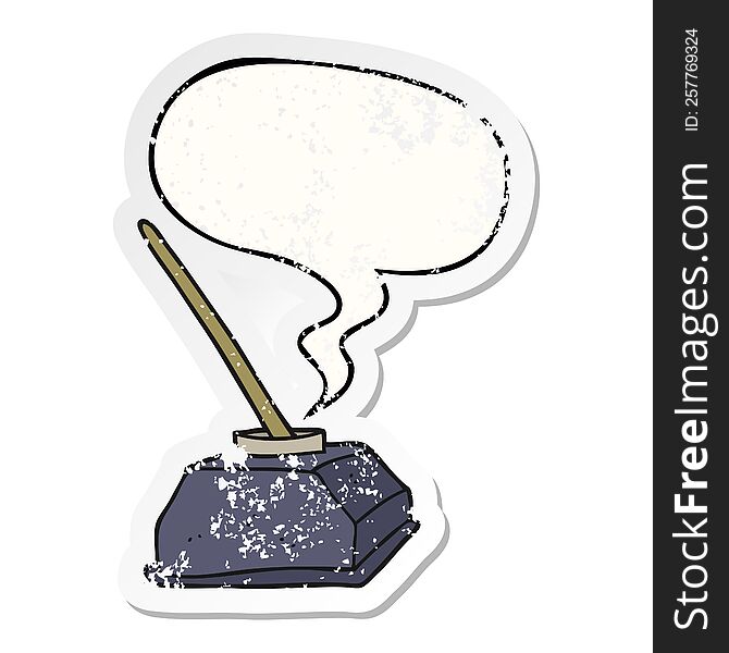 Cartoon Old Ink Pot And Pen And Speech Bubble Distressed Sticker