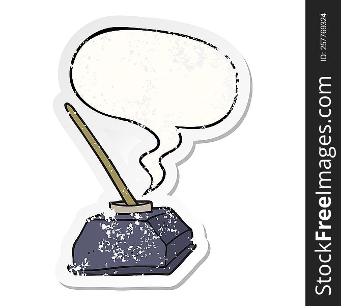 cartoon old ink pot and pen and speech bubble distressed sticker