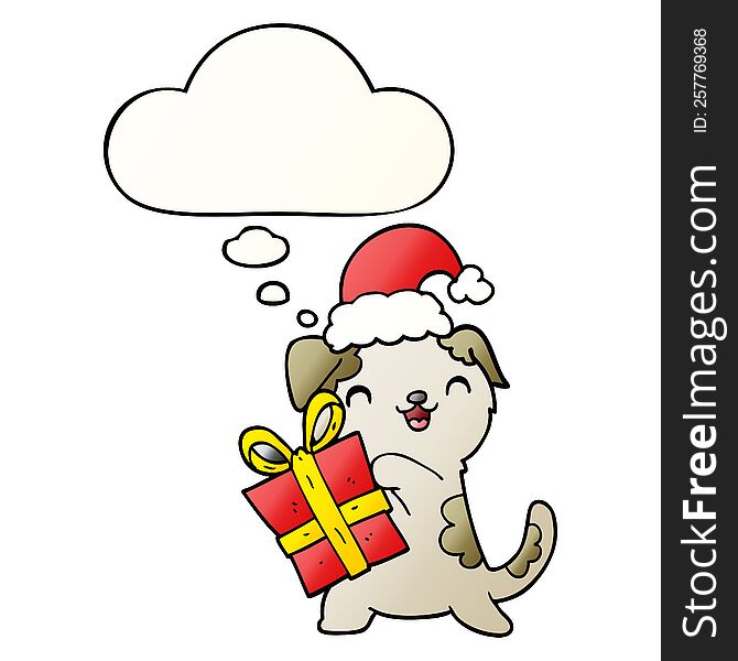 cute cartoon puppy with christmas present and hat and thought bubble in smooth gradient style