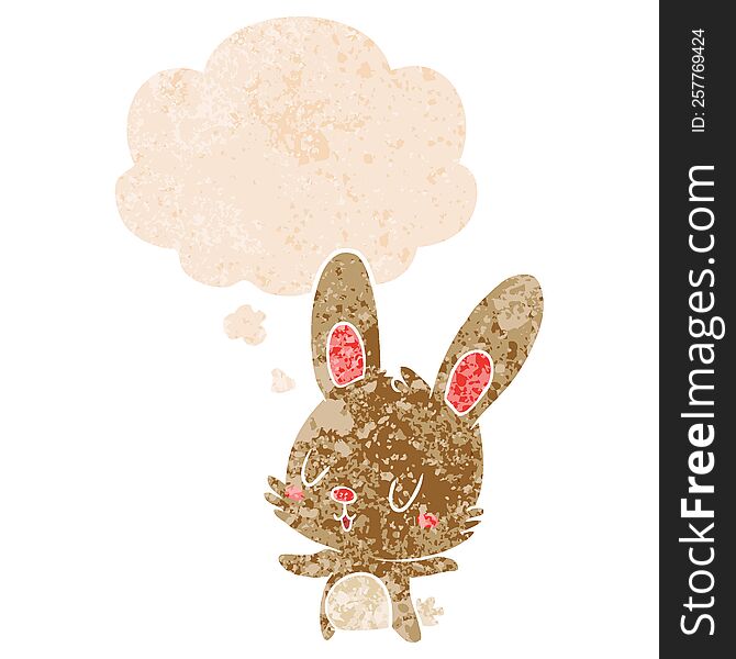 Cute Cartoon Rabbit And Thought Bubble In Retro Textured Style