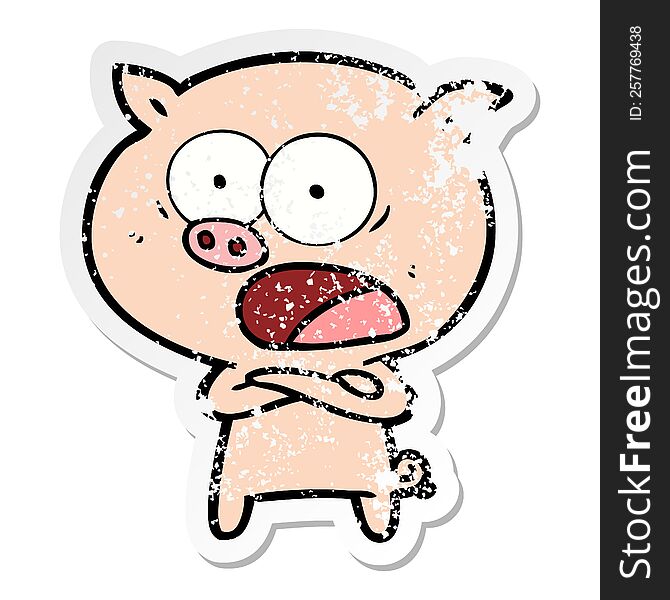 distressed sticker of a cartoon pig shouting