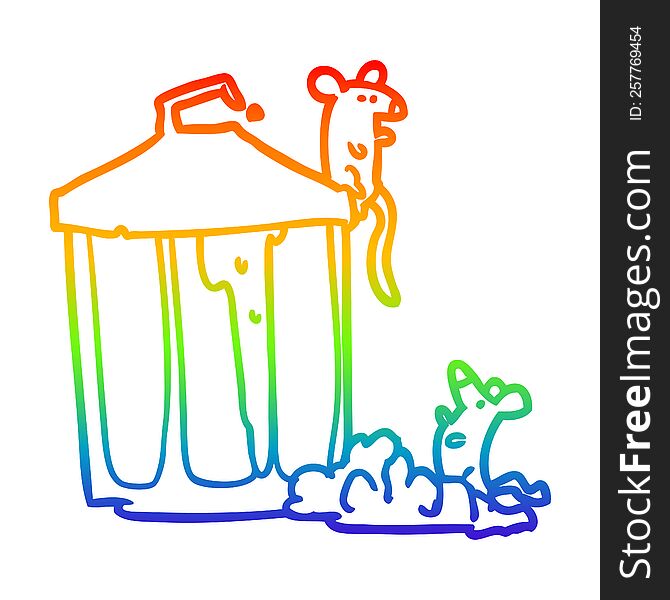 rainbow gradient line drawing of a old metal garbage can with mice