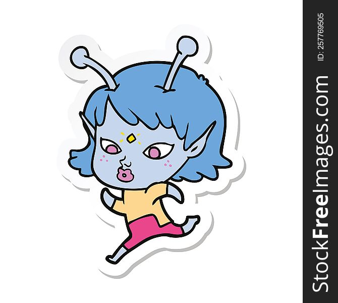 Sticker Of A Pretty Cartoon Alien Girl Running