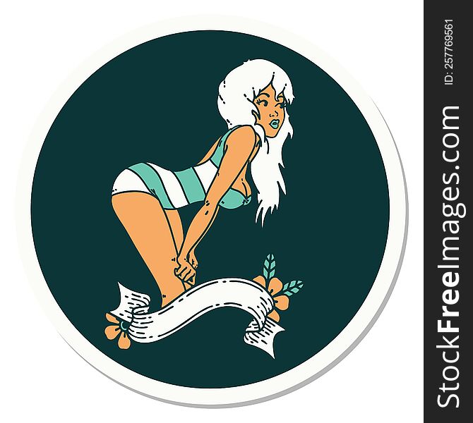 tattoo style sticker of a pinup girl in swimming costume with banner