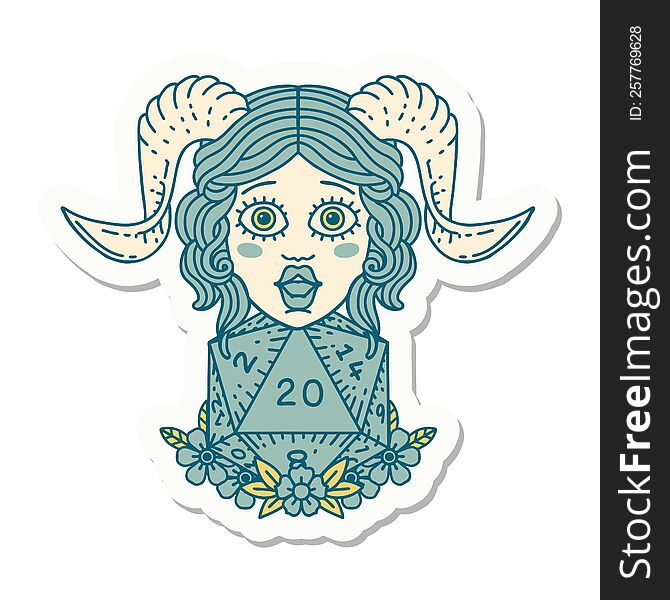 Tiefling With D20 Natural Twenty Dice Roll Sticker